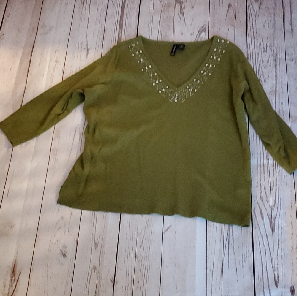 Jason Maxwell 3/4 sleeved V-neck top with sequin and bead details green 2X
